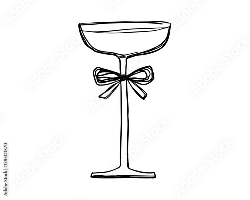 Minimal line art illustration of an elegant coupe glass with decorative bow, stylish clean outline drinkware icon for modern celebration and holiday graphic projects, vector illustration