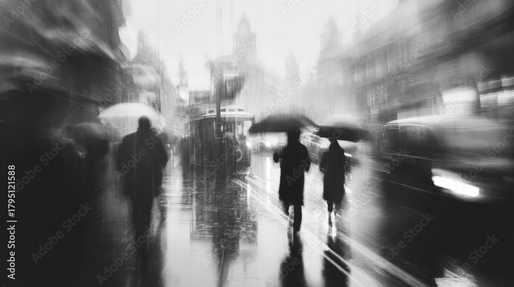 Fototapeta premium People walking under umbrellas on rainy city street