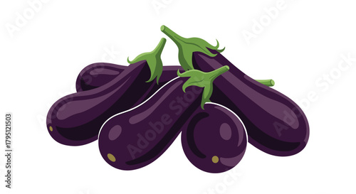 A vibrant collection of glossy, dark purple eggplants with fresh green stems arranged together, showcasing their smooth skin and teardrop shape.
