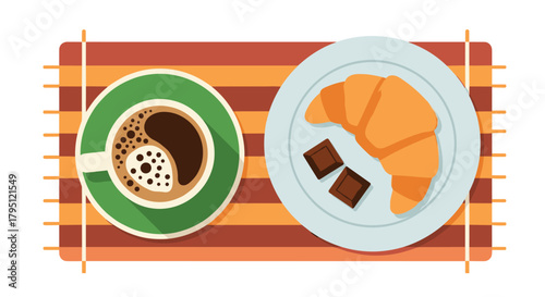 A cozy breakfast scene featuring a cup of coffee and a croissant with chocolate squares on a striped placemat, top view.
