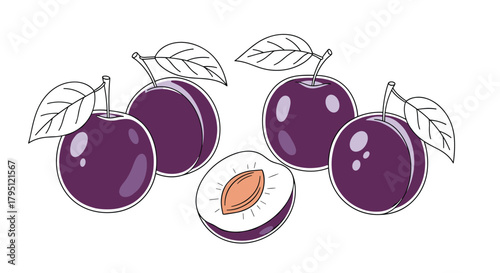 A vibrant illustration of ripe plums with a single halved plum revealing its pit, showcasing the fruit's deep purple hue and fresh appearance.