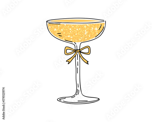 Elegant line art illustration of a champagne coupe glass with sparkling golden drink and decorative bow, festive minimalist celebratory design for holiday projects, vector illustration