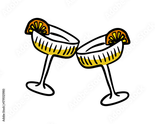Minimalist vector illustration of two cocktail coupe glasses with yellow drink and citrus slices, modern celebratory clinking glass design for party decor and prints