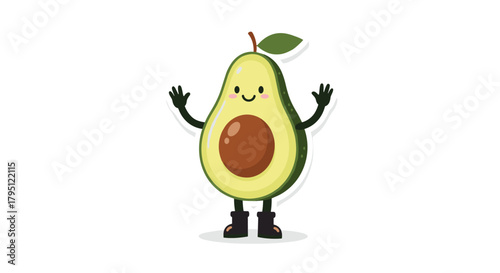 A cheerful cartoon avocado character stands with arms outstretched, displaying a friendly expression and wearing small black boots, perfect for playful designs.