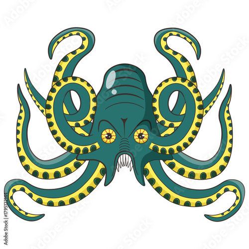 Octopus. Sea Monster. Vector illustration of scary Octopus isolated transparent background. Devil cephalopod template design. Art ready t-shirt hoodies print clothes fabric wallpaper decor. EPS 10