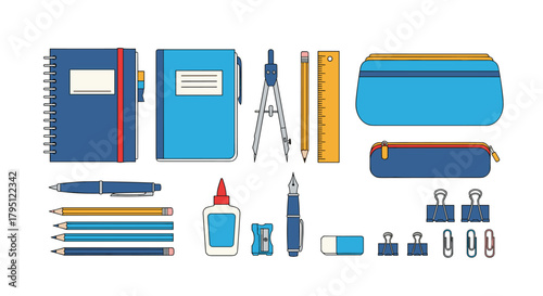 Colorful school supplies arranged neatly on a white background, including notebooks, pens, pencils, a compass, ruler, and stationery items, perfect for education concepts.