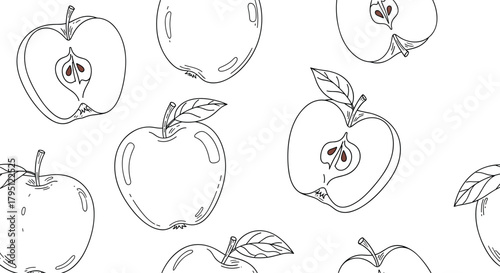 Seamless pattern of hand-drawn apples and apple halves in a simple doodle style, perfect for backgrounds, textiles, and playful designs.