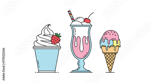 A colorful illustration of three different frozen desserts-soft serve, a milkshake, and an ice cream cone-arranged side by side, offering a sweet treat selection.