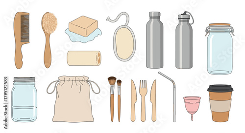 Collection of eco-friendly and sustainable lifestyle products including reusable containers, bamboo utensils, and zero-waste personal care items.