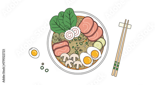 A vibrant top-down illustration of a steaming bowl of ramen with pork, vegetables, and a soft-boiled egg, accompanied by chopsticks.