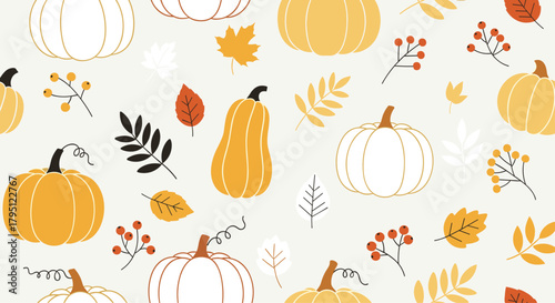 A charming autumn pattern featuring pumpkins, gourds, and fall foliage in warm, muted tones creates a cozy seasonal backdrop for designs and projects.