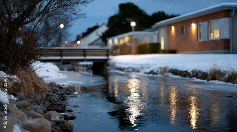 Fototapeta premium A tranquil creek flowing through a serene snowy landscape, beautifully reflecting the calmness and beauty of winter, inviting contemplation and appreciation of nature.