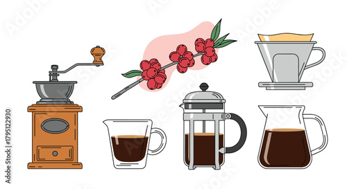 A colorful illustration showcasing various coffee brewing methods and coffee cherries, representing the journey from bean to cup, in a modern style.