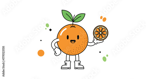 Cheerful cartoon orange character holding a slice of fruit, showcasing a playful and healthy lifestyle illustration for branding or design projects.