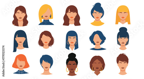 Diverse collection of stylized female avatars with varying hairstyles and skin tones, representing inclusivity and modern beauty standards.