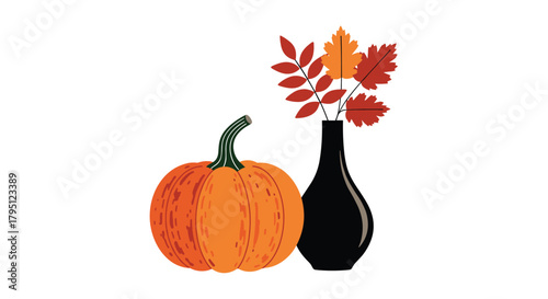 A vibrant autumn still life featuring a plump orange pumpkin alongside a sleek black vase filled with colorful fall foliage, evoking seasonal warmth and harvest themes.
