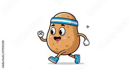 A cheerful cartoon potato character is jogging with a determined expression, wearing a blue headband and athletic shoes, showcasing a healthy lifestyle concept.