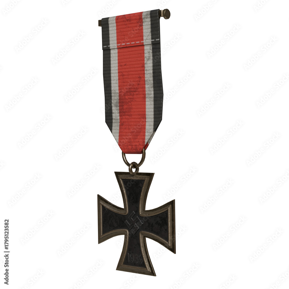 Fototapeta premium Black iron cross medal with red, white, and black ribbon displayed against a transparent background