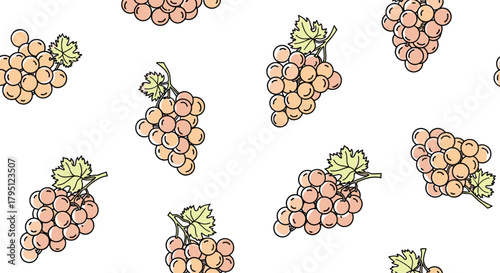 Seamless pattern featuring hand-drawn bunches of pale pink grapes with green leaves on a clean white background, ideal for textiles and packaging.