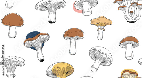 A whimsical pattern of hand-drawn mushrooms in varying shades of brown, tan, and gray creates a natural and organic botanical illustration for backgrounds.