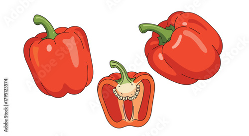 A vibrant illustration showcasing three ripe red bell peppers, one whole and two cut open to reveal the seeds and interior, providing a detailed view of the vegetable.