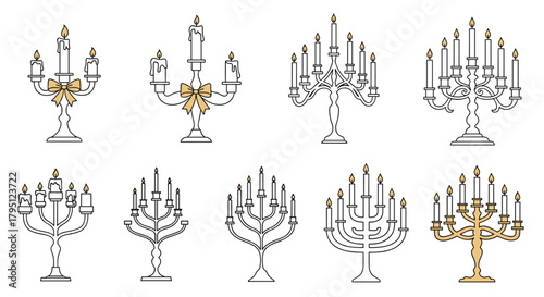 Elegant collection of decorative candelabras and menorahs in line art style, showcasing varying numbers of candle holders and ornate designs, perfect for festive occasions.