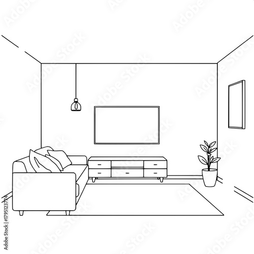 “Simple, modern line drawing of a living room interior. Sofa with pillows on the left. Centered flat-screen TV with two pendant lamps flanking it. Right side includes a table with a plant. Clean, symm