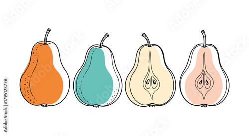 Stylized illustration of four pears, two whole and two halved, in warm and cool tones, showcasing a simple, modern fruit design aesthetic.