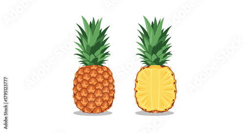 A vibrant illustration depicts a whole pineapple alongside a halved pineapple, showcasing its golden flesh and spiky green crown, perfect for tropical themes.