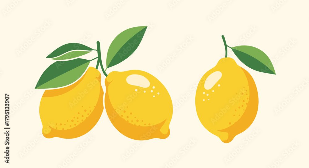 Obraz premium A vibrant illustration of three bright yellow lemons with green leaves against a soft cream background, showcasing fresh citrus fruit and a summery aesthetic.