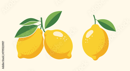 A vibrant illustration of three bright yellow lemons with green leaves against a soft cream background, showcasing fresh citrus fruit and a summery aesthetic.
