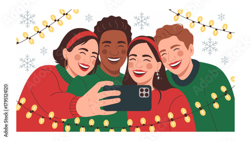 Joyful Selfie Moment: A close-knit group of friends, illuminated by festive lights, capturing a moment of laughter and camaraderie through a selfie during a seasonal celebration.