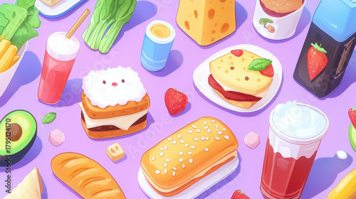 Delicious food items including sandwiches, cheese, fruits, and drinks create vibrant and colorful feast