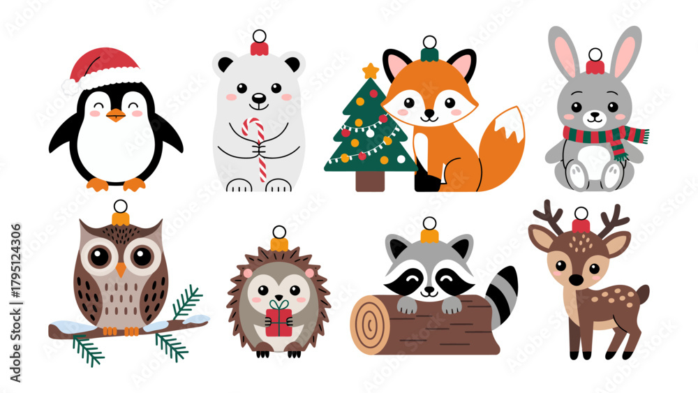 Naklejka premium Festive Forest Friends: An assortment of adorable forest creatures, each adorned with seasonal accessories, evokes the cozy spirit of the holiday season.