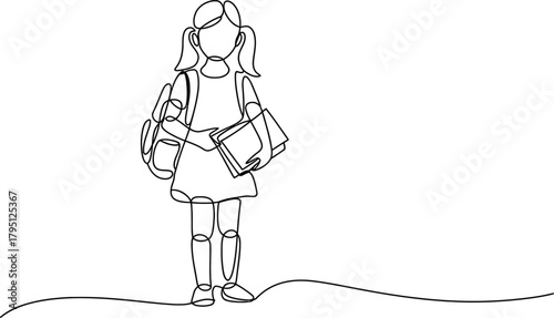 Continuous Line Drawing of School Girl with Backpack and Books
