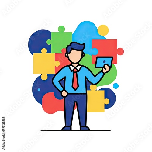 Businessman Presenting Digital Tablet In Front Of Colorful Jigsaw Puzzle Elements Against White Backdrop