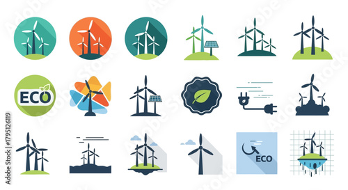 Collection of vector icons depicting wind turbines and eco-friendly energy solutions on various backgrounds.
