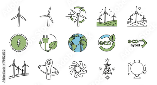 Collection of illustrated icons depicting wind turbines, renewable energy, and eco-friendly concepts.