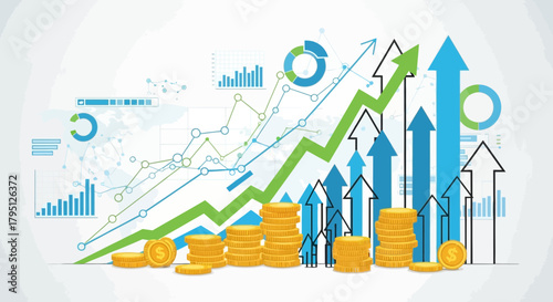 Financial Business Growth and Success Concept with Stacks of Coins and Multiple Upward Arrows and Charts
