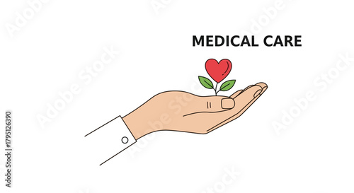 Medical Care Concept: Hand Holding Growing Plant with Heart Blossom