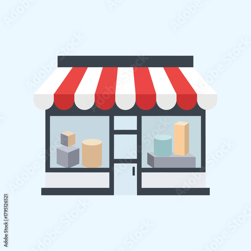 Storefront facade with display window and red and white striped awning.