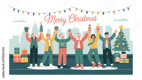 Christmas Joy and Festive Greetings: A joyful Christmas gathering with festive greetings and joyous celebration, a scene filled with presents, lights, and heartwarming atmosphere.