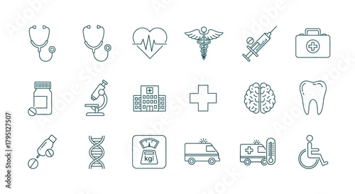 Flat Design Healthcare and Medical Icons including Stethoscope, Syringe, and Hospital