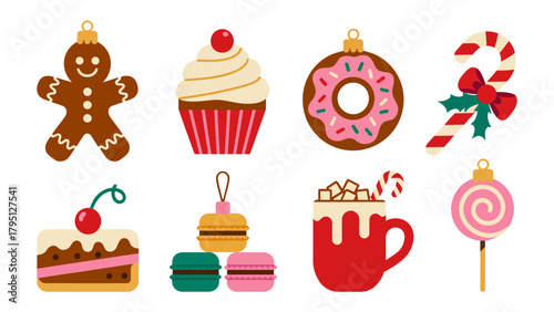 Festive Dessert Assortment: A delightful array of holiday treats, including a gingerbread man, cupcake, donut, candy cane, slice of cake, macarons, a mug of cocoa, and a lollipop.