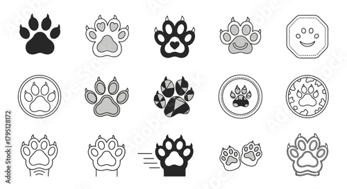 Collection of various paw print designs, including solid, outlined, and stylized versions.