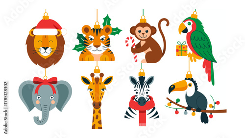 Festive Safari Ornament Collection: Adorable collection of cartoon animal ornaments with a touch of holiday spirit, perfect for adding a playful and whimsical touch to your holiday decorations.