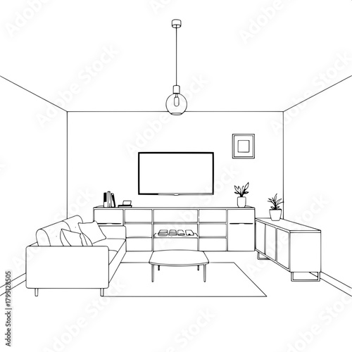 “A symmetrical line-art illustration of a stylish living room. Sofa on the left, flat-screen TV centered above, pendant lights hanging evenly. Right-side console table featuring a decorative plant. Wa