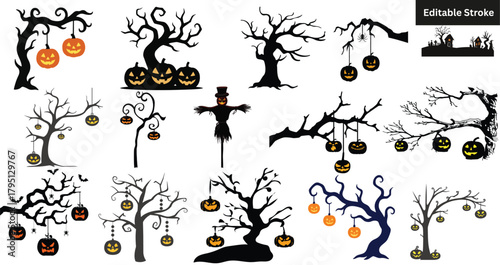 Title: Set of 15 Halloween spooky tree silhouettes. Vector illustration of haunted trees with pumpkins and a scarecrow.