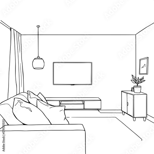 “Modern living room sketch in pure black outlines. Sofa with oversized pillows in the foreground left. Wall-mounted TV in the center with symmetrical pendant lamps. A small right-side cabinet holding 