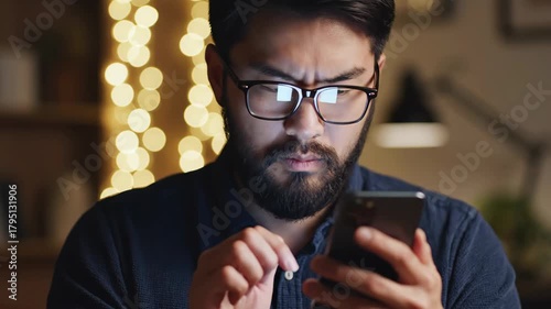 Focused Asian Man Using Smartphone at Night